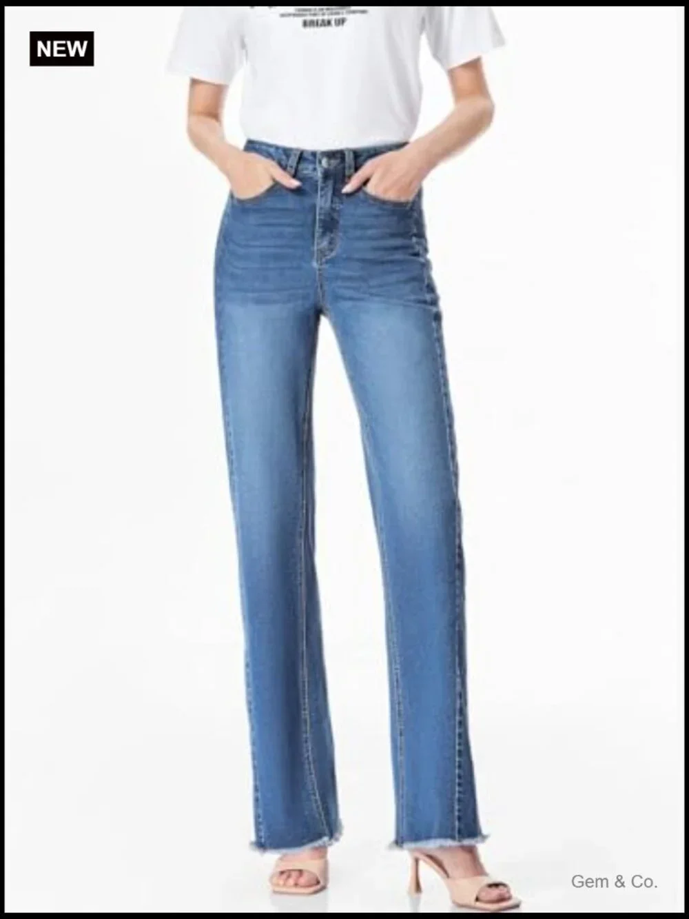 High Waisted Wide Leg Jeans with Raw Hem Stretchy Denim Pants - Picture 5 of 7